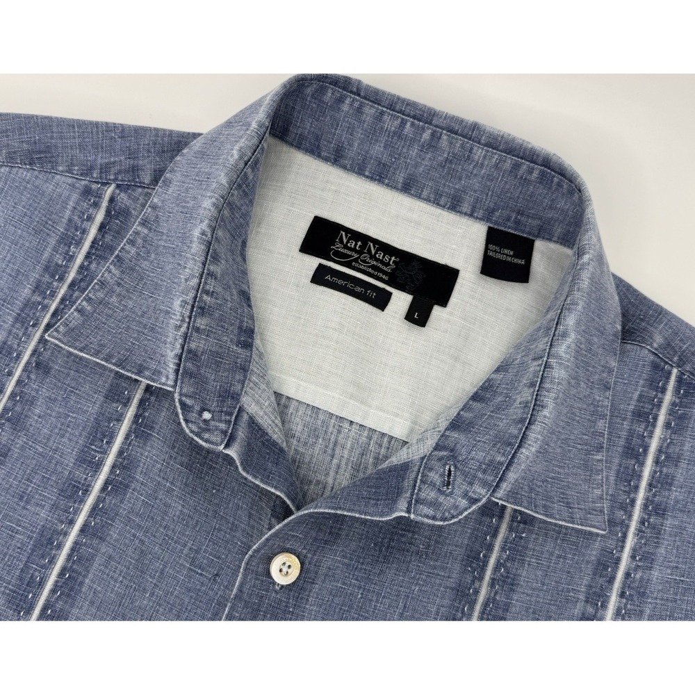 Nat Nast Linen Shirt Mens L Blue Guayabera Short Sleeve Summer Casual